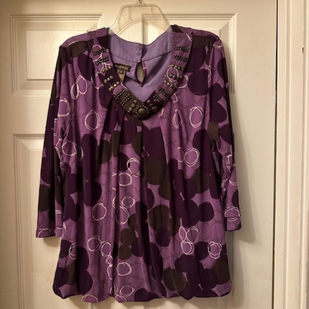 Multiples || Women's Purple and White Blouse || Size XL || Beaded Decoration